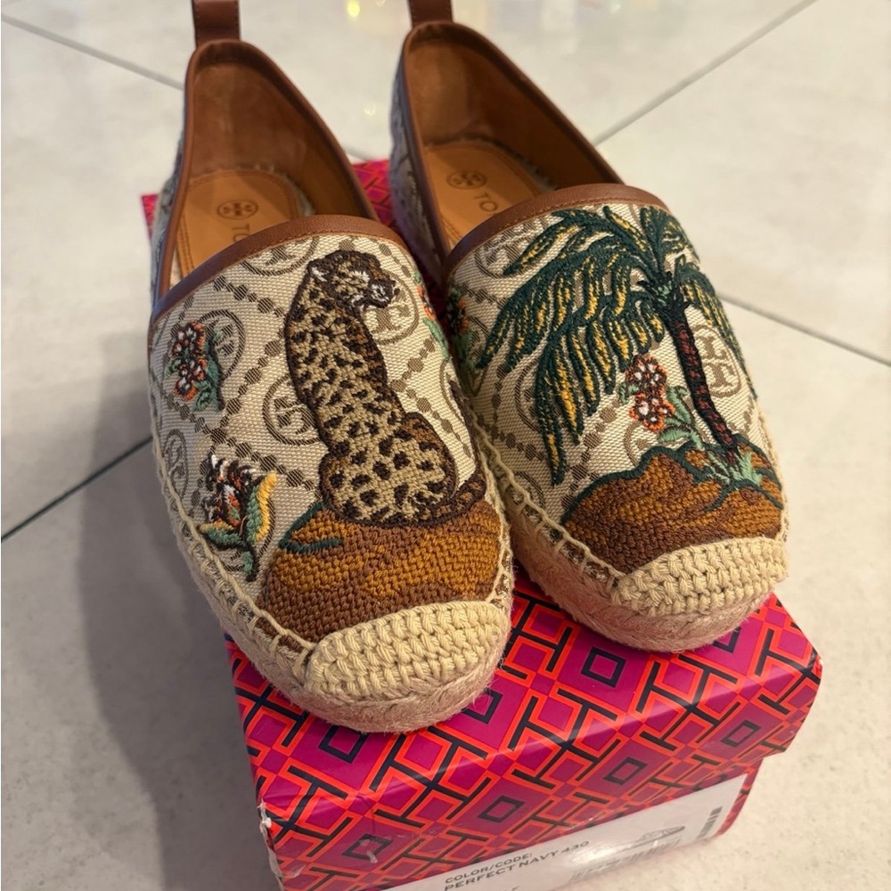 Tory Burch Tan and Green Embroidered Espadrilles